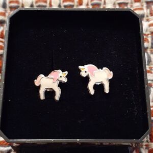 New Girls 925 Sterling Silver Pink And White Horses Earring Post  By Monkimau